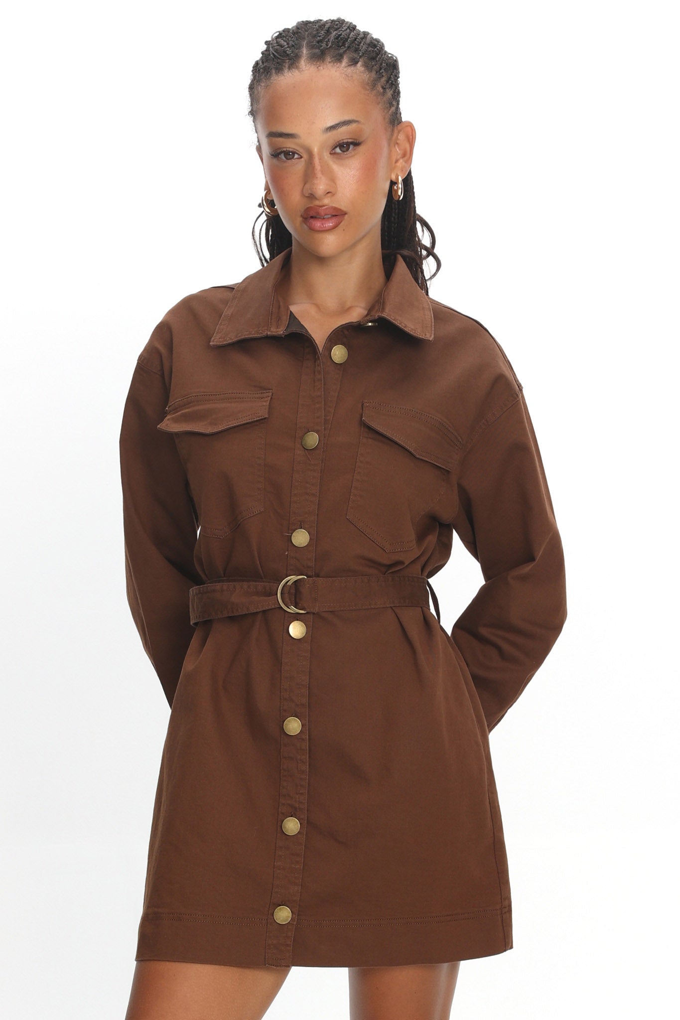 Mariska Collared Long Sleeve Mini Dress Chocolate