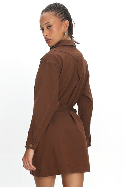 Mariska Collared Long Sleeve Mini Dress Chocolate