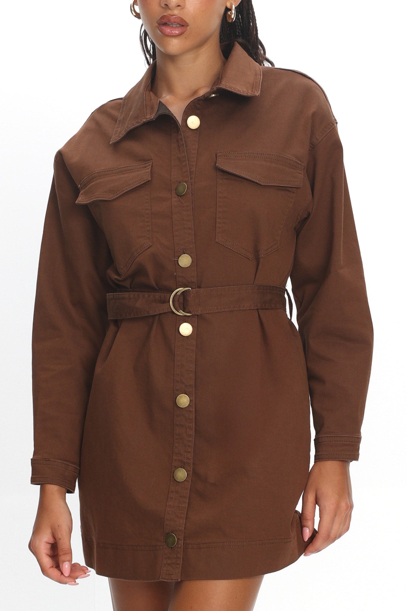 Mariska Collared Long Sleeve Mini Dress Chocolate
