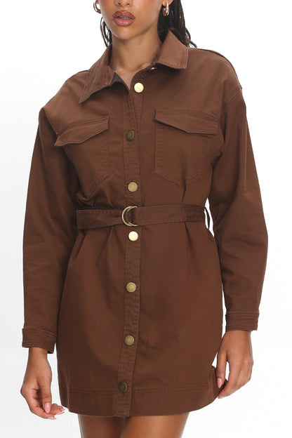 Mariska Collared Long Sleeve Mini Dress Chocolate