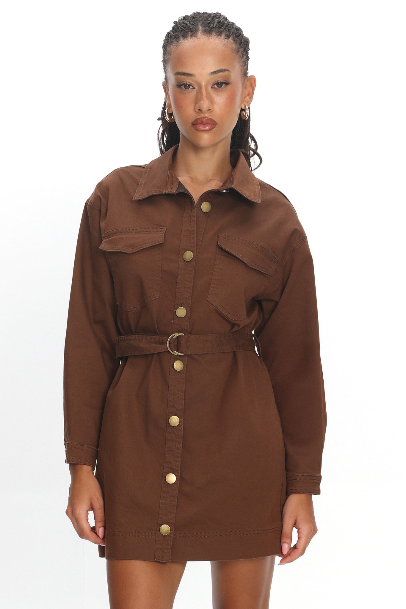 Mariska Collared Long Sleeve Mini Dress Chocolate