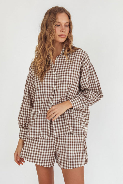 Weekends Away Long Sleeve Button Top Brown Check