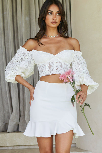 Emoji Asymmetrical Ruffle Hemline Skirt White