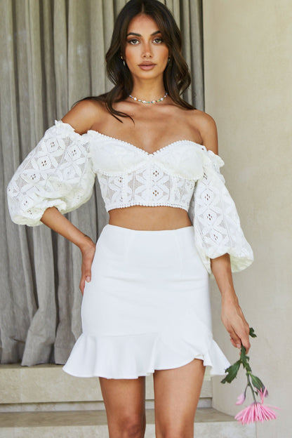 Emoji Asymmetrical Ruffle Hemline Skirt White