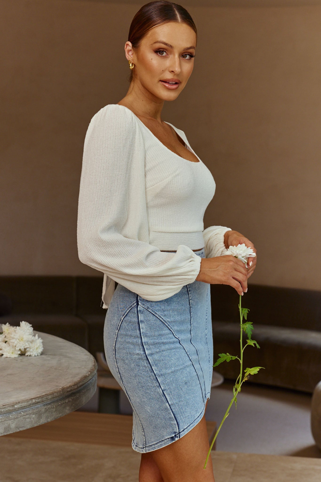 Shalom Structured Bodycon Jean Skirt Washed Blue