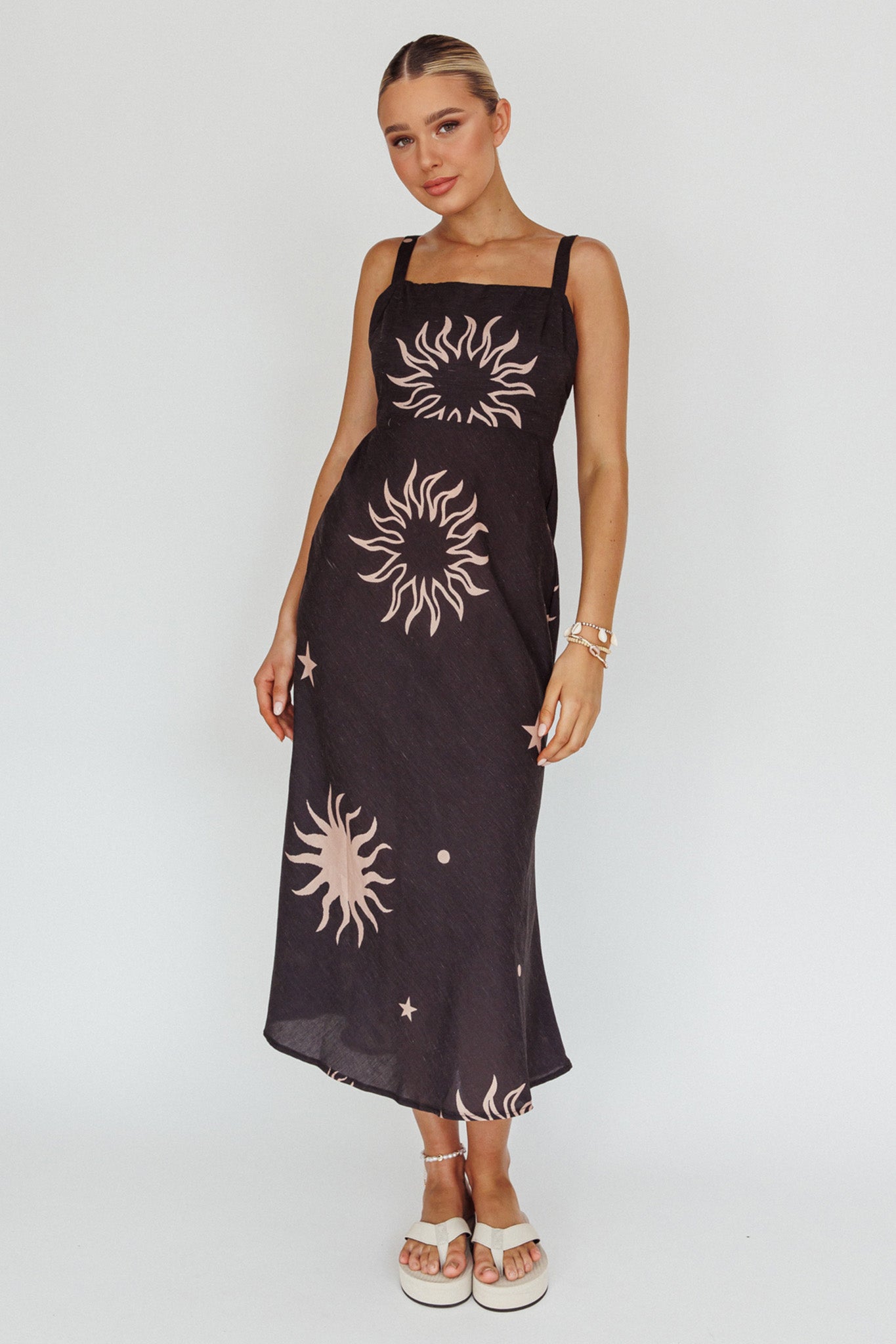 Coucou Square Neckline Midi Dress Celestial Print