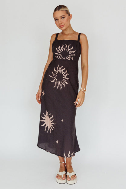 Coucou Square Neckline Midi Dress Celestial Print
