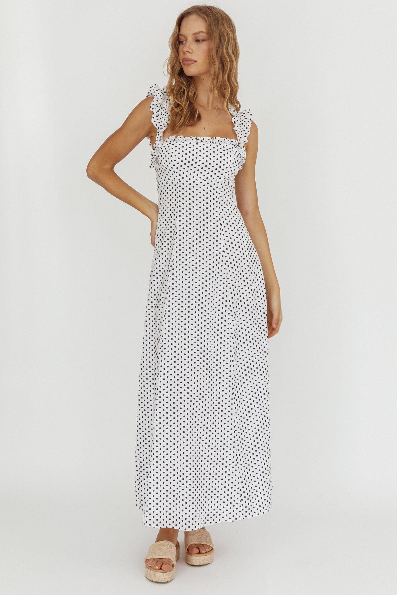Warrior Sun Frill Strap Maxi Dress Navy Spot