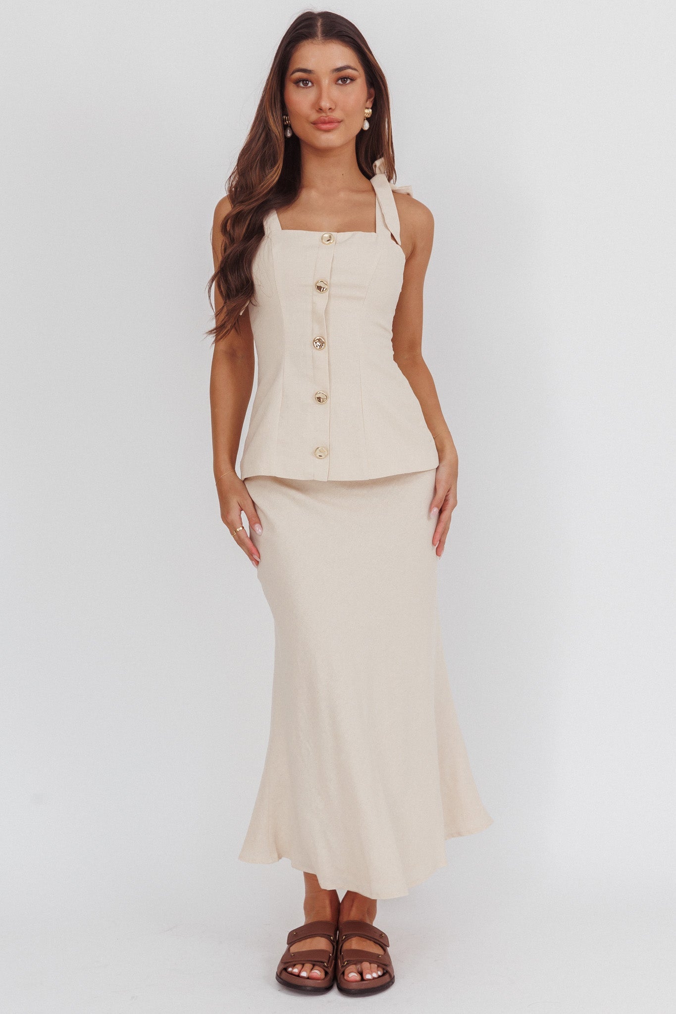 Post It Tied Shoulder Button Front Top Cream