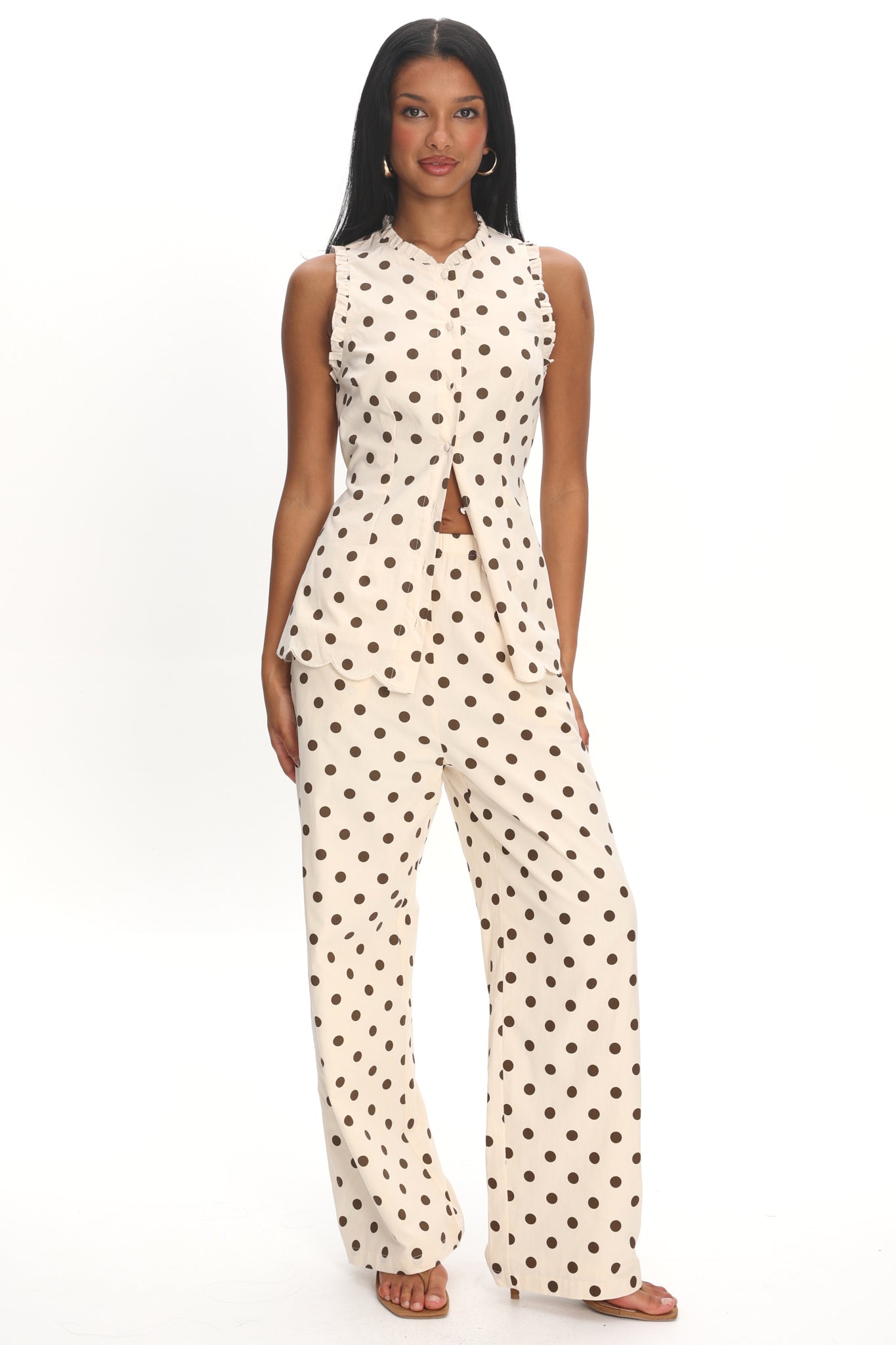 Marava Frill Trim Top Polka Dot Oatmeal