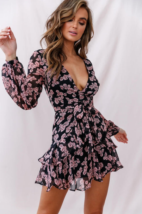 Kerry Layered Balloon Sleeve Dress Black/Pink