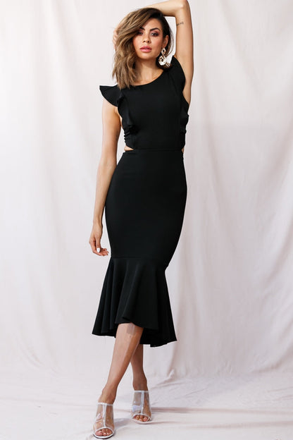 Jackie Wide Ruffle Hem Pinafore Midi Dress Black